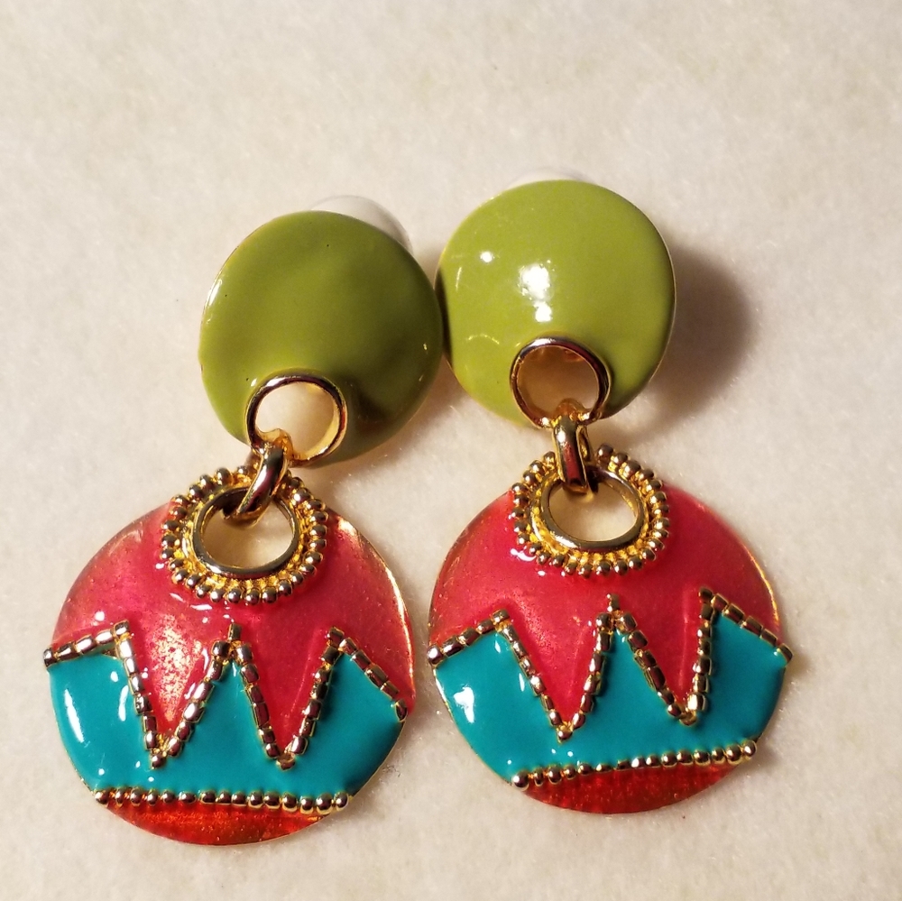 Green and Coral & Teal Clip-on Earrings